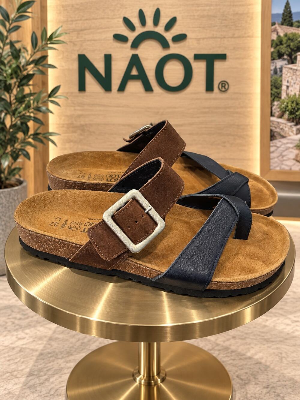 Naot Brown Blue Leather Toe Loop Slide Sandals EU 37 US 6